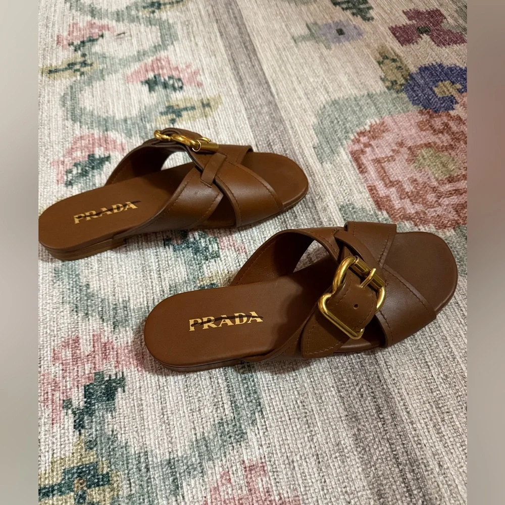 Prada Leather Buckle Crossover Sandals - Picture 5 of 8